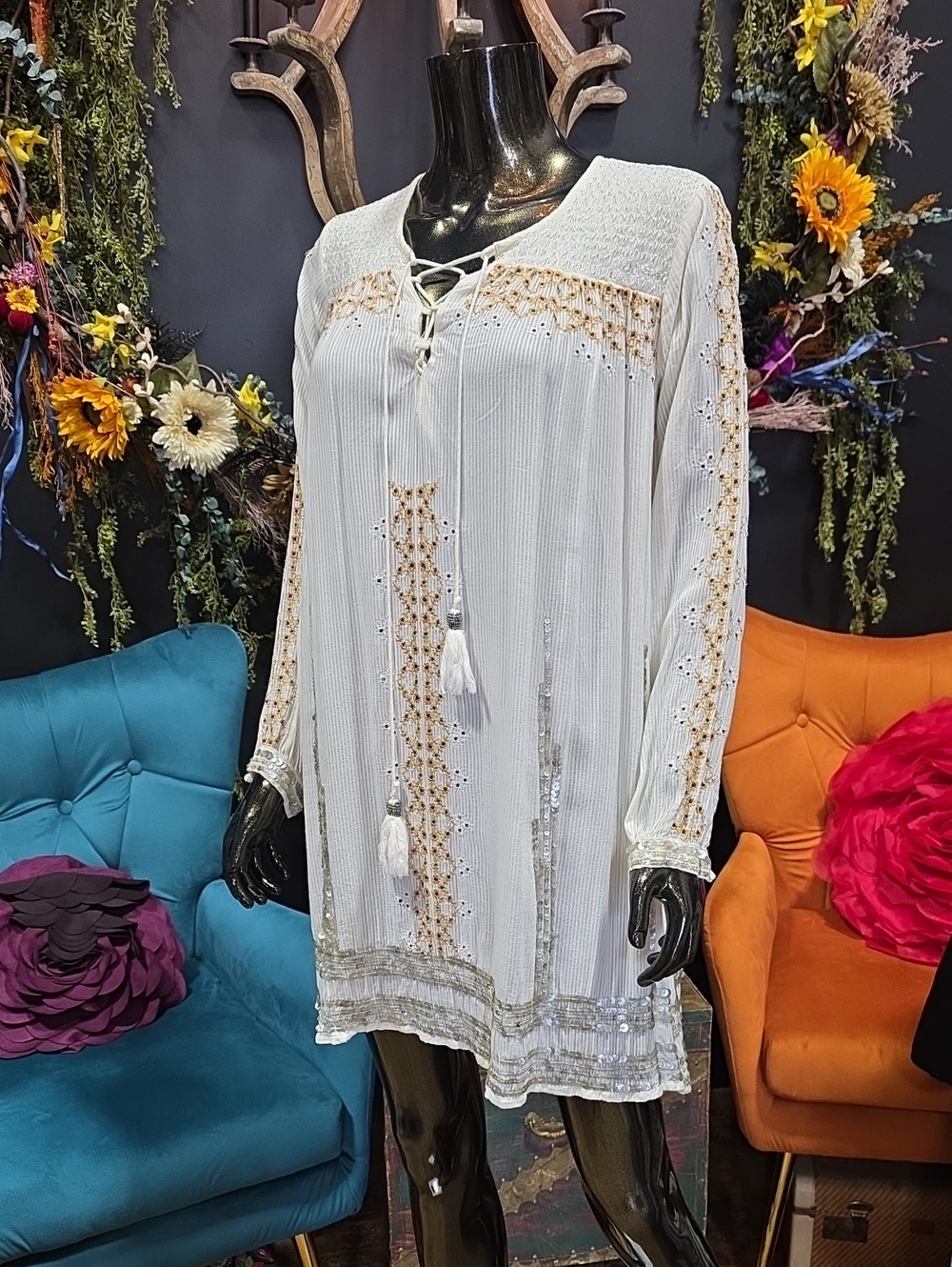 Bohemian White Lace-Trim Tunic Top with Tassel Tie